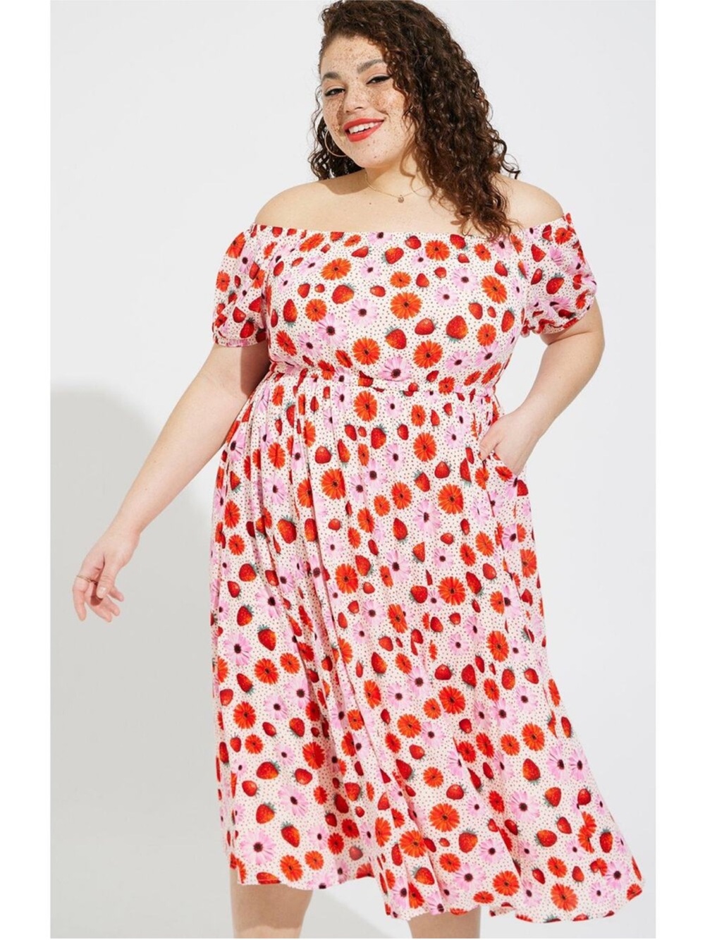 Retro Chic Torrid Vintage Pinup Strawberry Floral Off Shoulder Daisy Dress XL 0